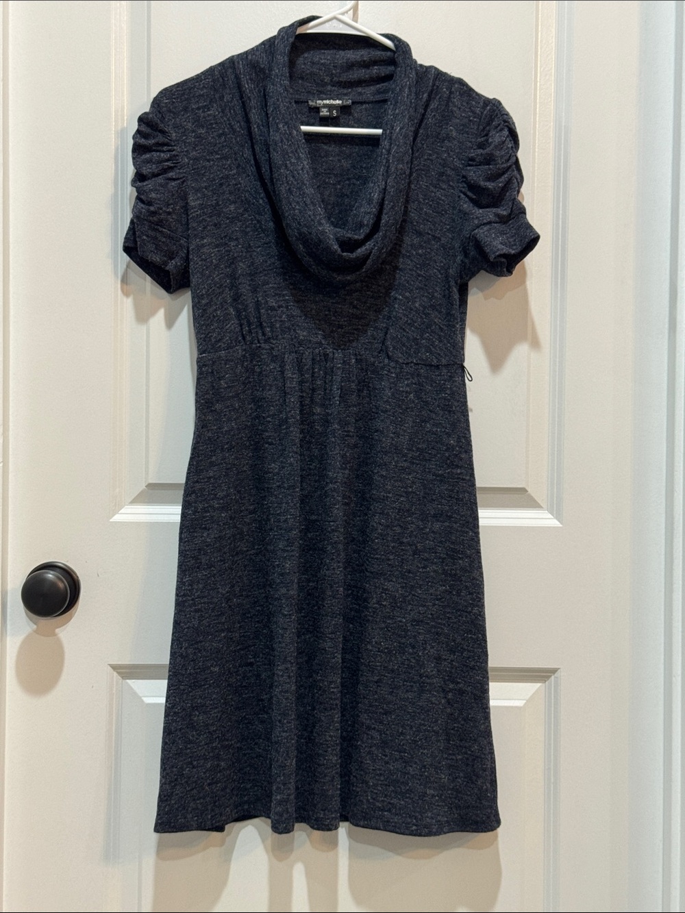 My Michelle Dark Heather Gray Cowl Neck Midi Dress with Ruched Sleeves